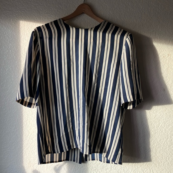Dana Buchman 100% Silk Navy & Cream Stripes Nautica Mid-Sleeves Blouse womens 14 - Picture 1 of 13